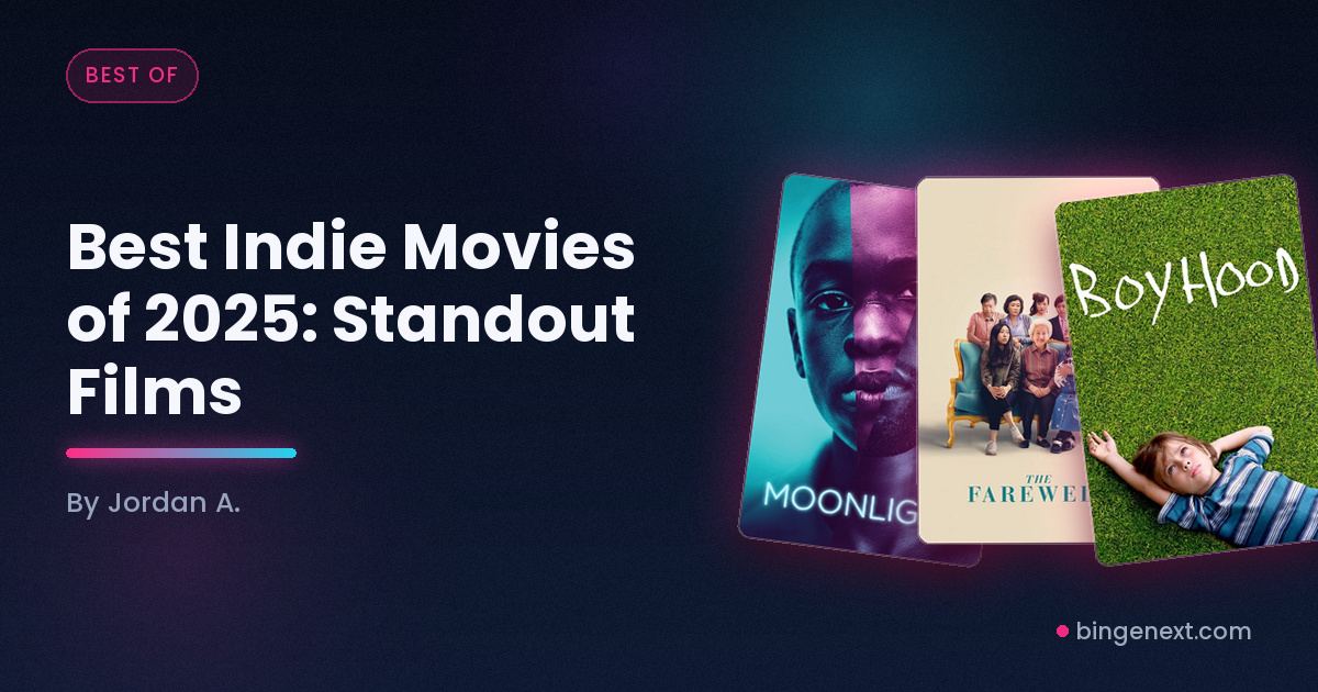 Cover art for the BingeNext guide "Best Indie Movies of 2025: Standout Films", featuring Moonlight, The Farewell and Boyhood.