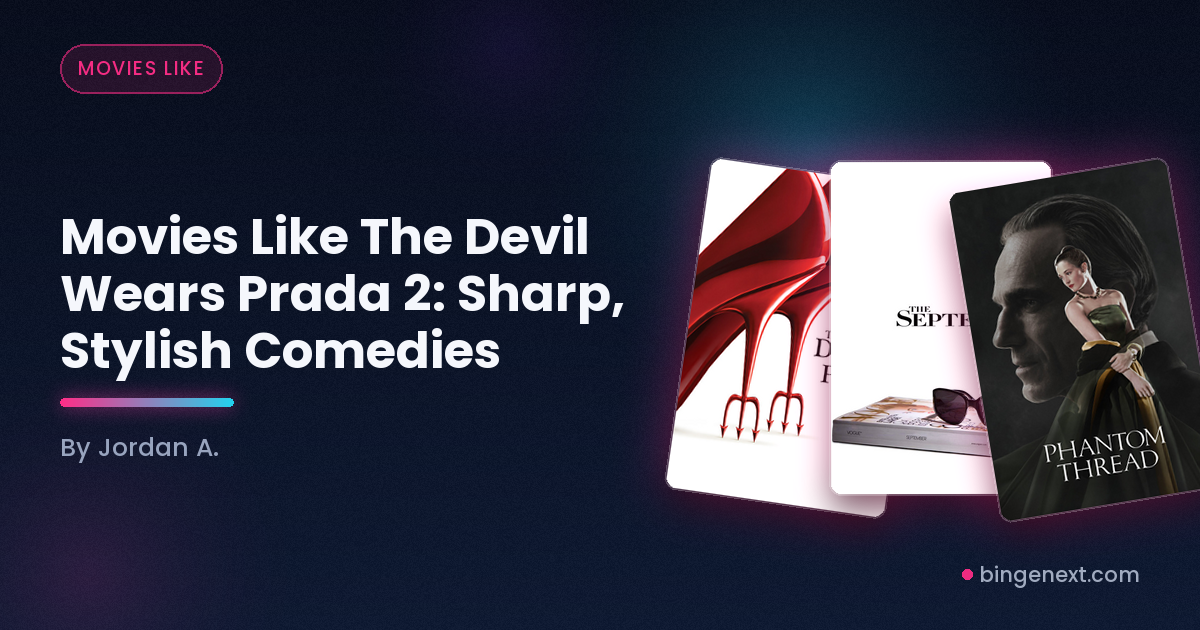 Cover art for the BingeNext guide "Movies Like The Devil Wears Prada 2: Sharp, Stylish Comedies", featuring The Devil Wears Prada 2, The September Issue and Phantom Thread.