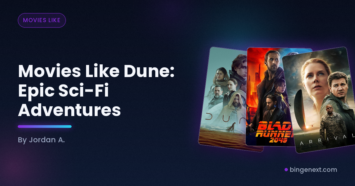 Cover art for the BingeNext guide "Movies Like Dune: Epic Sci-Fi Adventures", featuring Dune, Blade Runner 2049 and Arrival.