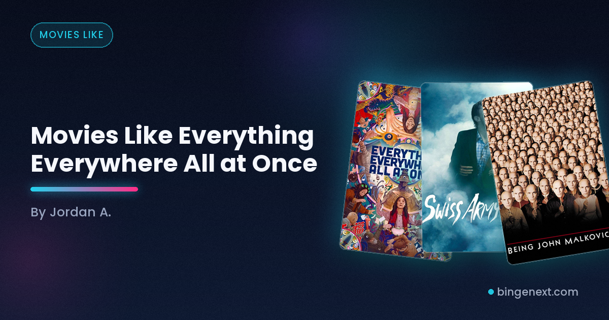 Cover art for the BingeNext guide "Movies Like Everything Everywhere All at Once", featuring Everything Everywhere All at Once, Swiss Army Man and Being John Malkovich.