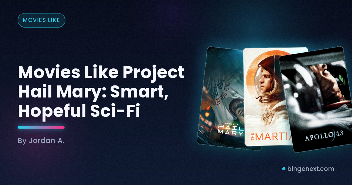 Cover art for the BingeNext guide "Movies Like Project Hail Mary: Smart, Hopeful Sci-Fi", featuring Project Hail Mary, The Martian and Apollo 13.