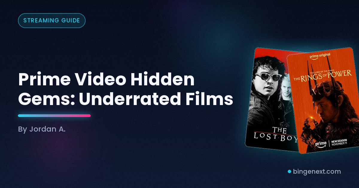 Cover art for the BingeNext guide "Prime Video Hidden Gems: Underrated Films", featuring The Boys, Rings of Power and The Marvelous Mrs. Maisel.