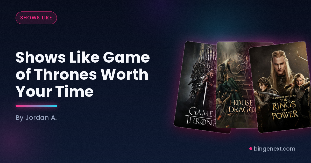 Cover art for the BingeNext guide "Shows Like Game of Thrones Worth Your Time", featuring Game of Thrones, House of the Dragon and The Rings of Power.