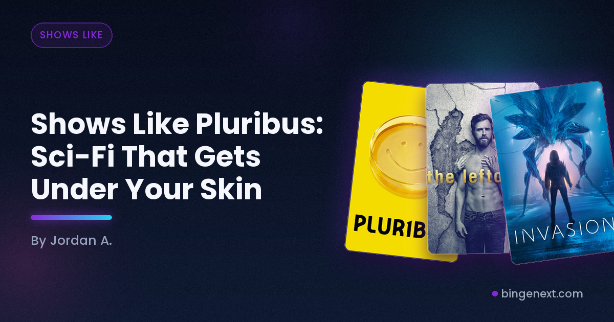 Cover art for the BingeNext guide "Shows Like Pluribus: Sci-Fi That Gets Under Your Skin", featuring Pluribus, The Leftovers and Invasion.