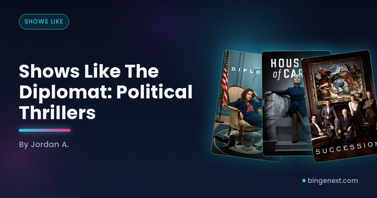 Cover art for the BingeNext guide "Shows Like The Diplomat: Political Thrillers", featuring The Diplomat, House of Cards and Succession.
