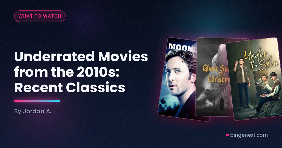 Cover art for the BingeNext guide "Underrated Movies from the 2010s: Recent Classics", featuring Moonlight, A Ghost Story and Under the Skin.