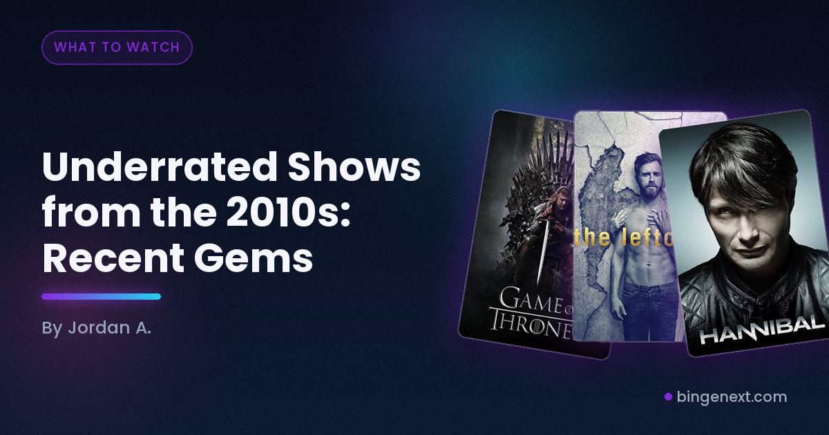 Cover art for the BingeNext guide "Underrated Shows from the 2010s: Recent Gems", featuring Game of Thrones, The Leftovers and Hannibal.