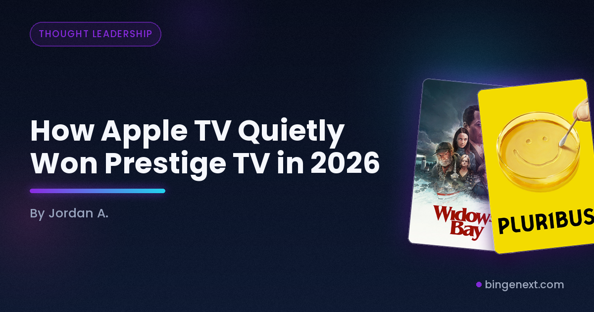 Cover art for the BingeNext guide "How Apple TV Quietly Won Prestige TV in 2026", featuring Widow's Bay and Pluribus.